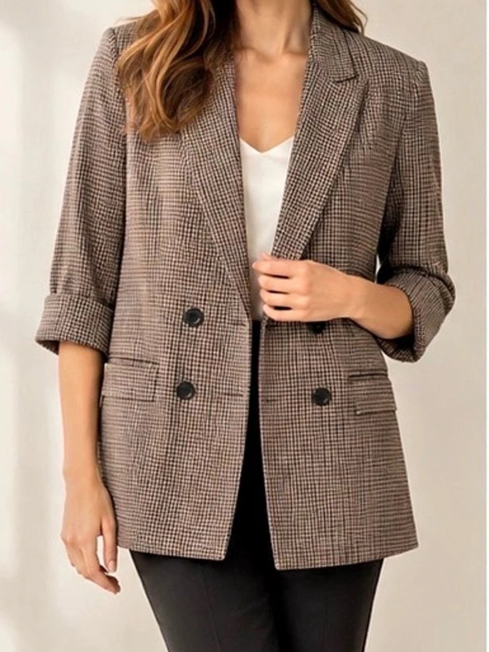 Express Houndstooth Double-Breasted Blazer in Brown & Black Like New